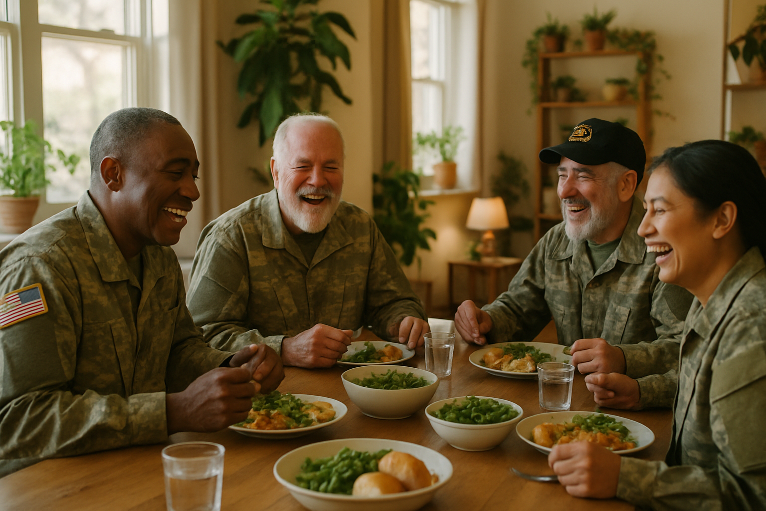 Veterans sharing a meal together at a communal table
