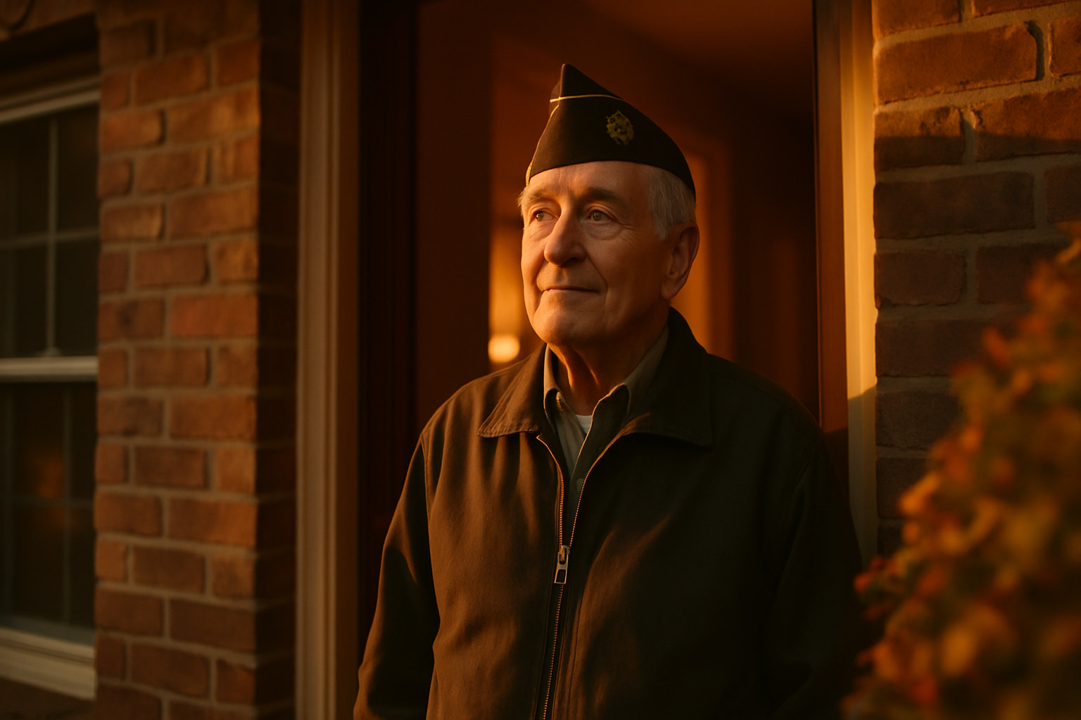 A veteran welcomed at the doorway of a warm residence at golden hour