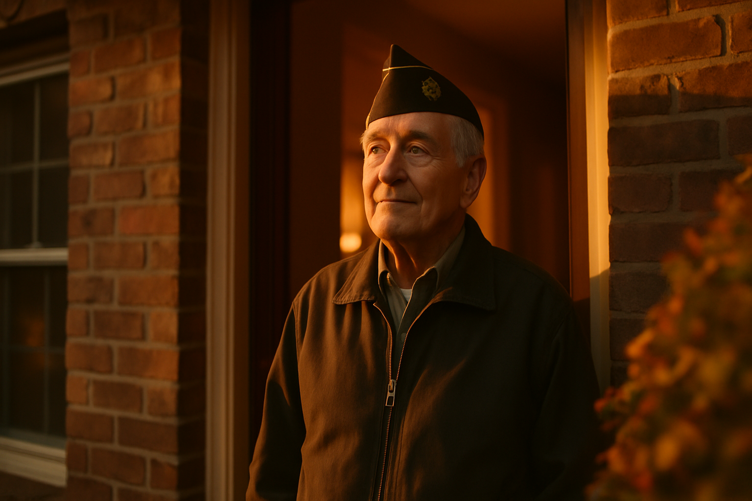A veteran welcomed at the doorway of a warm residence at golden hour