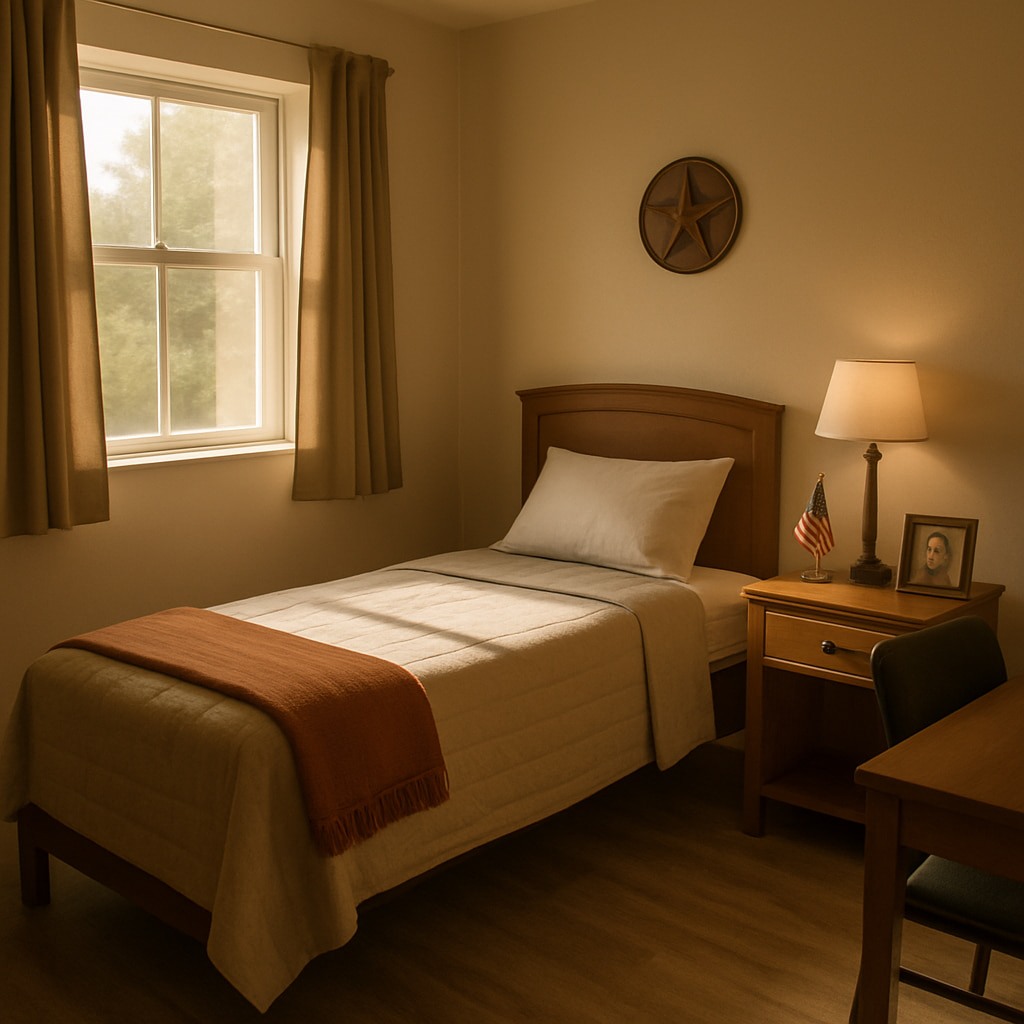 A clean, dignified private bedroom with morning light