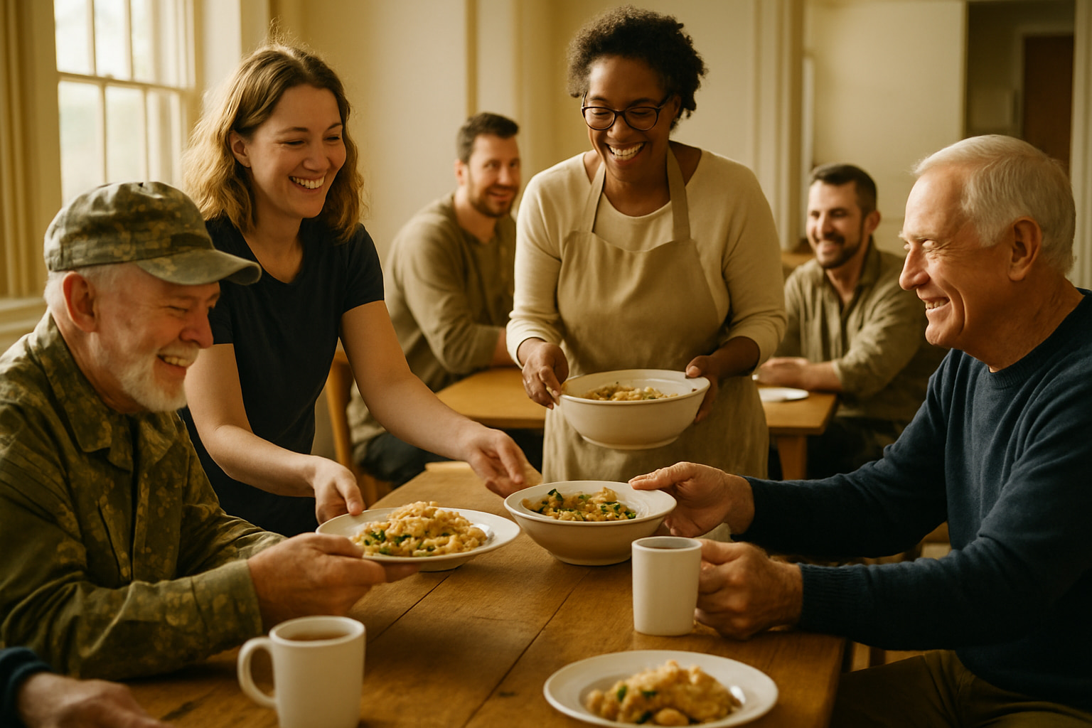 Volunteers sharing a warm meal with veterans at a communal table